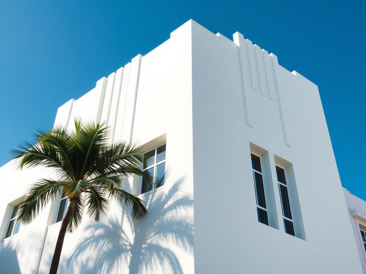 White art deco facade in Miami Beach against a deep blue sky