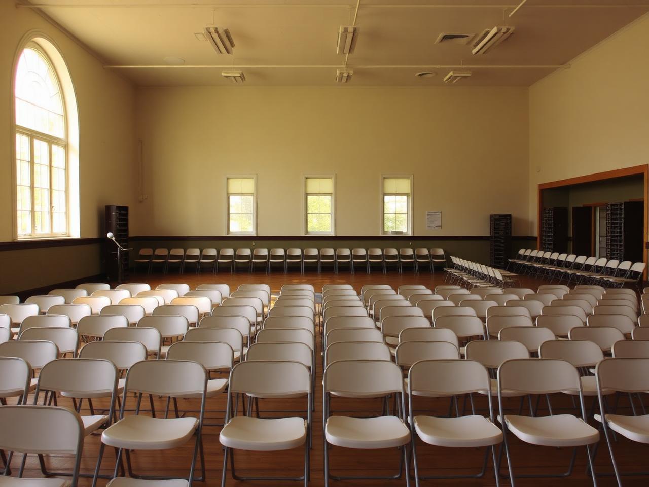 Empty community hall with rows of folding chairs lit by tall arched windows