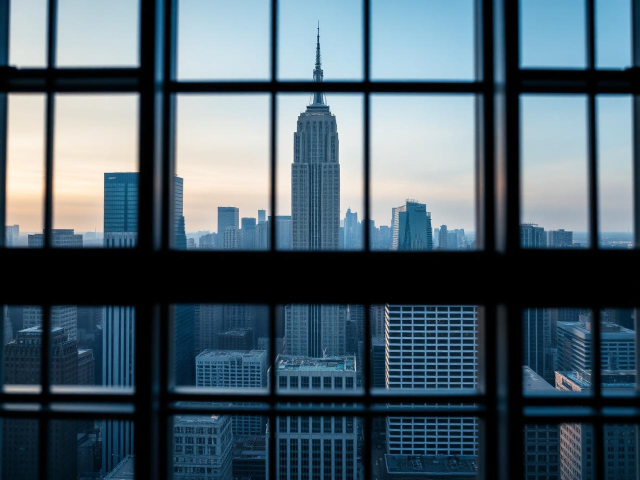 Midtown Manhattan skyline framed by a steel window grid at dawn