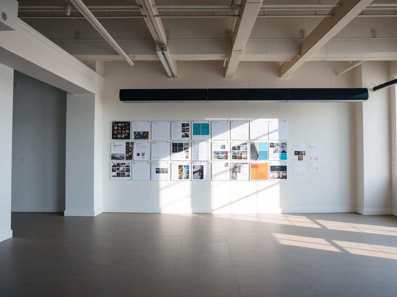 Creative agency studio wall covered with pinned campaign layouts in daylight